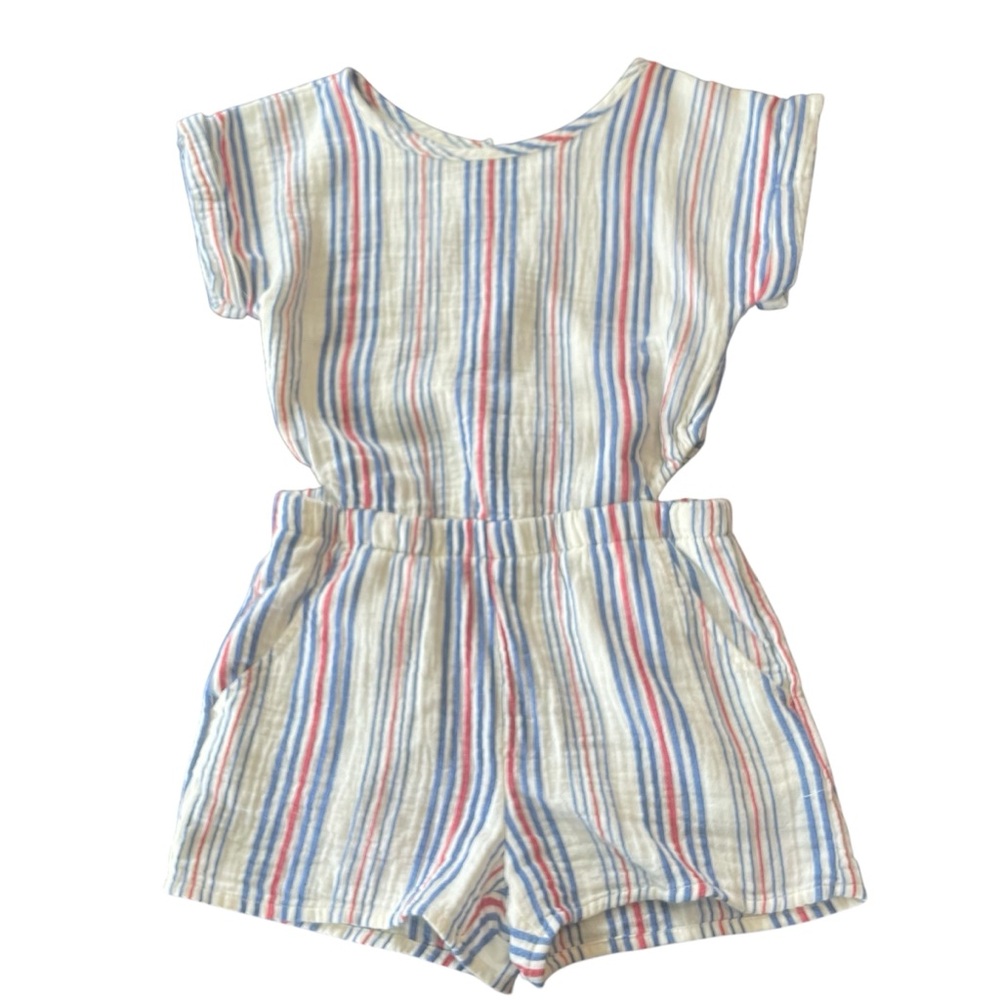 Cat & Jack Girls Red White Blue Striped Romper |‎ Side Cutouts | Size XS (4/5)